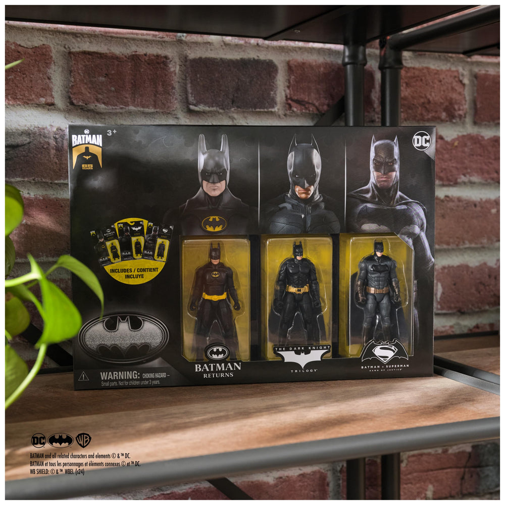 DC Comics Batman 85th 3-pack packaging and display setup, ready for shelves.