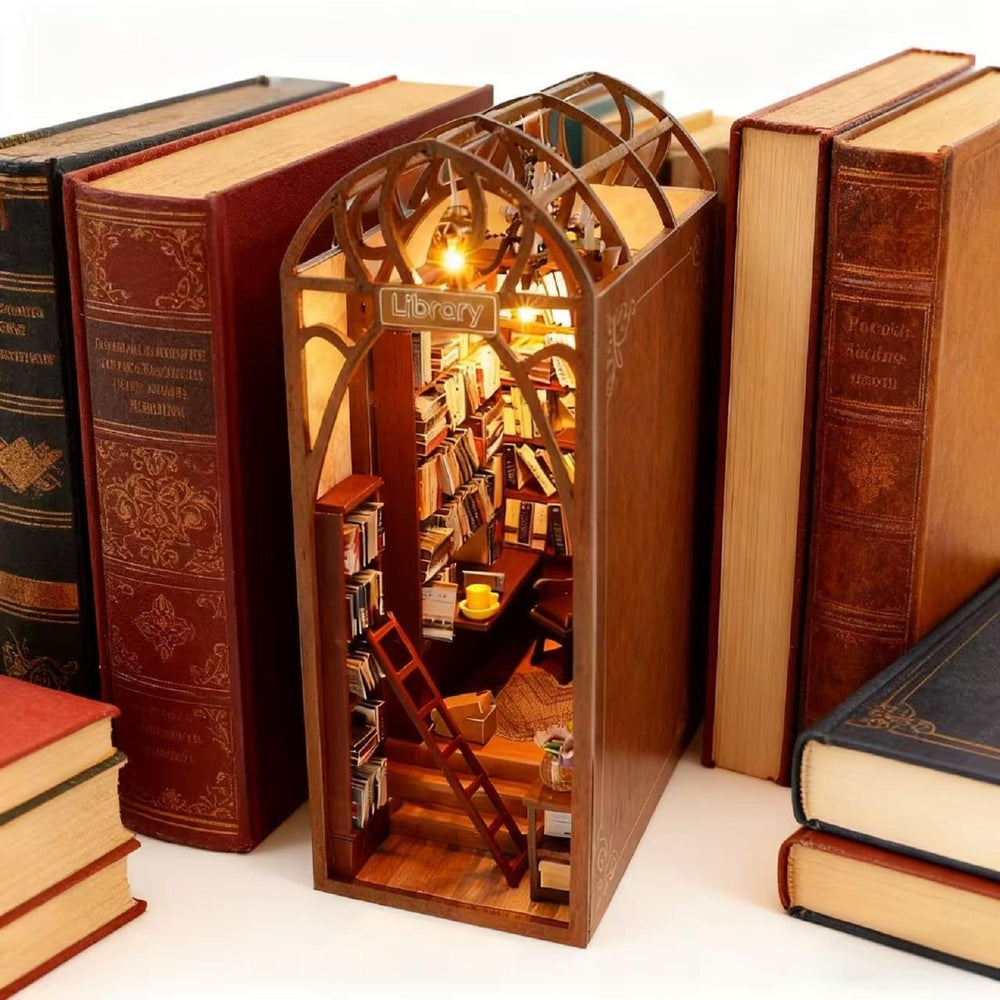 DCLFIRMX LED-lit diorama enhances bookshelf or desk space.