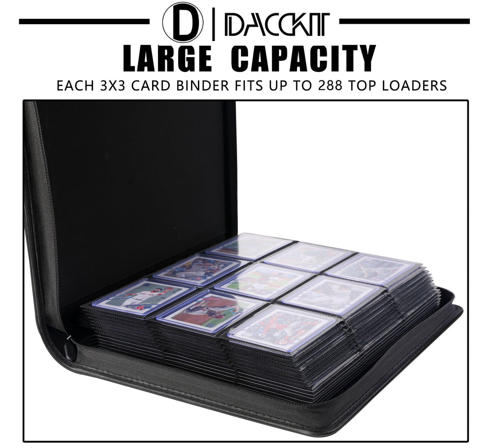 D DACCKIT binder open spine shows nine-pocket layout and capacity