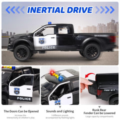 DDZOOU police pickup toy with tailgate for cargo pretend missions.