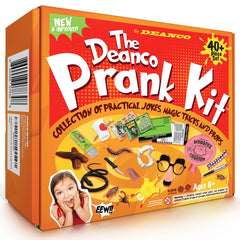 DEANCO Prank Kit box open showing diverse gag props for memorable pranks.