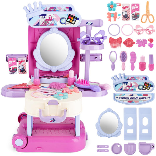 deAO 3 in 1 toddler vanity table makeup suitcase, perfect for imaginative play on the go.