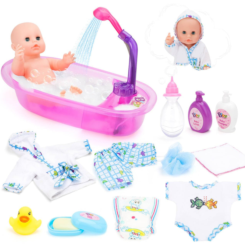 deAO 13-inch baby doll in bath set demonstrates nurturing play and fine motor skills