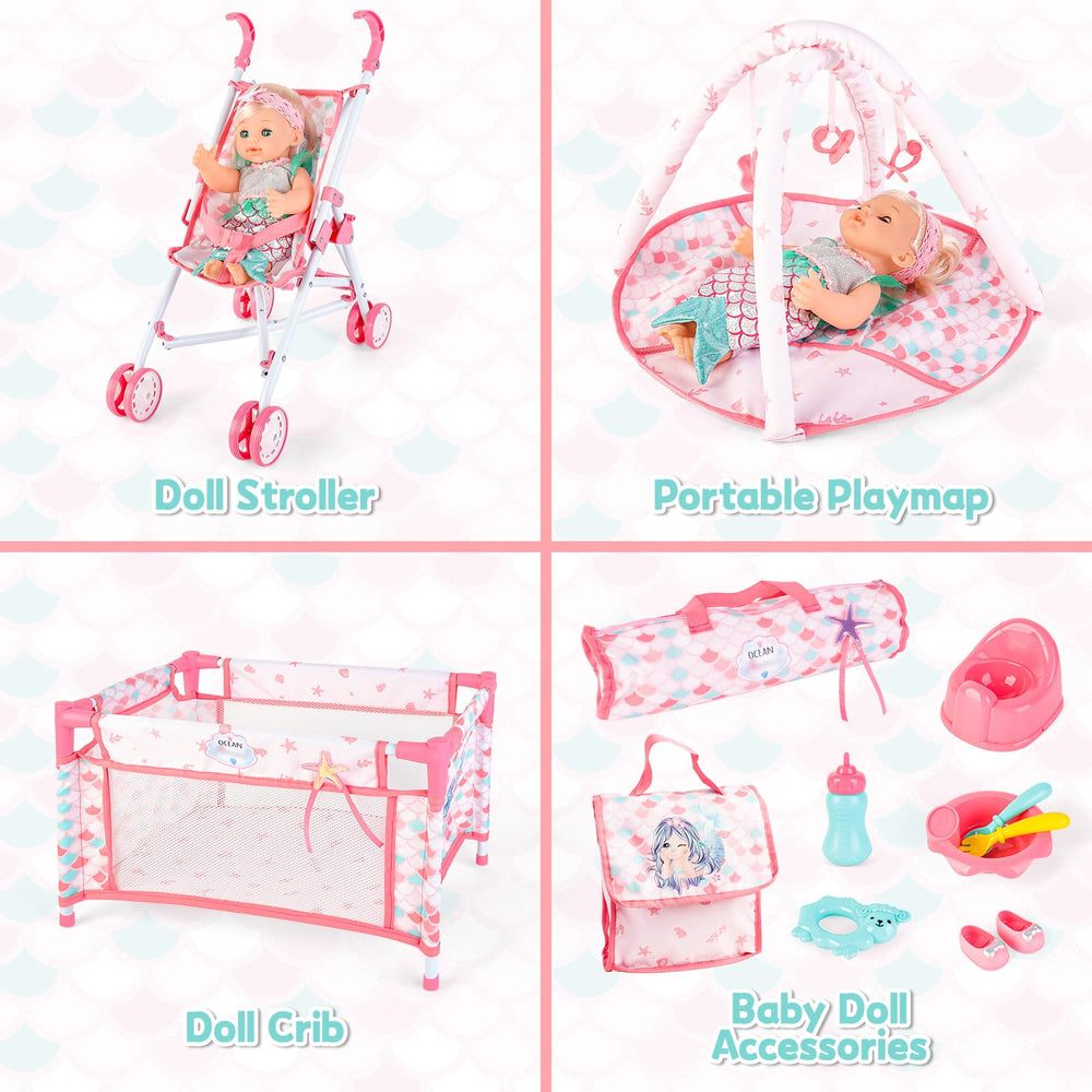 deAO baby doll crib bed playset; cozy nursery scene for nurturing play.