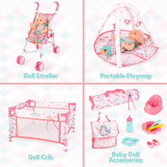 deAO baby doll crib bed playset; cozy nursery scene for nurturing play.
