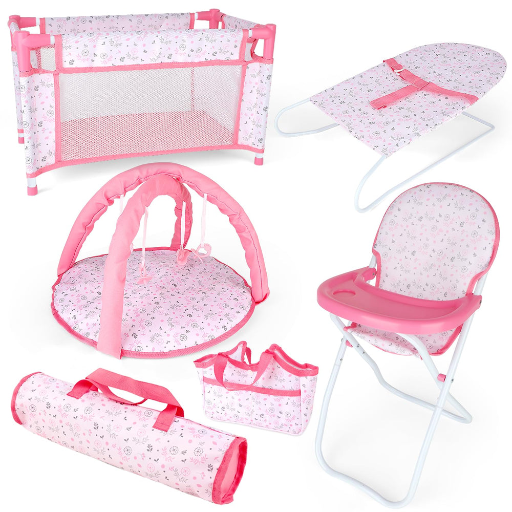 deAO Baby Doll Crib in pink for realistic playtime and nurturing.