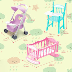 The deAO Baby Doll Set cradle completes the miniature nursery scene.