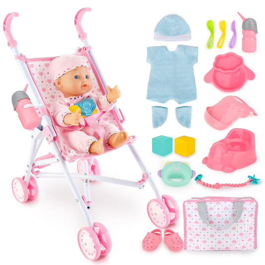 deAO baby doll stroller foldable in action, easy to store after playtime.