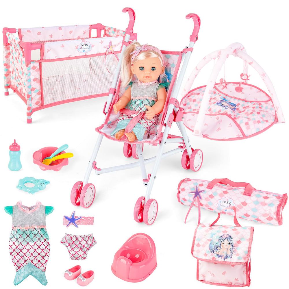 deAO baby doll stroller folding; easy storage for pretend play scenarios.