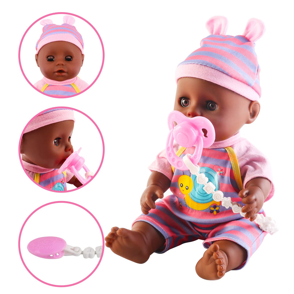 deAO Black Baby Doll Set donut and ice cream props spark creative mealtime stories.