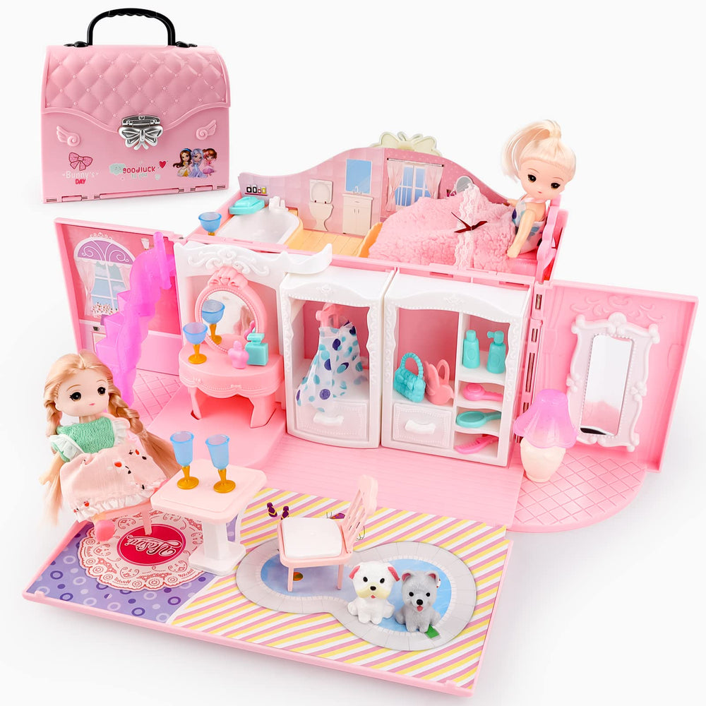 deAO dollhouse portable backpack closed for on-the-go pretend play and storage.