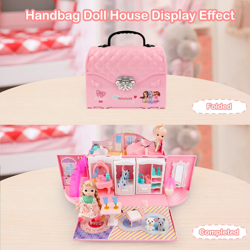 deAO dollhouse portable backpack open showing rooms and dolls for immersive storytelling.