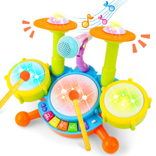 deAO drum set for kids front view, compact and safe for toddlers.