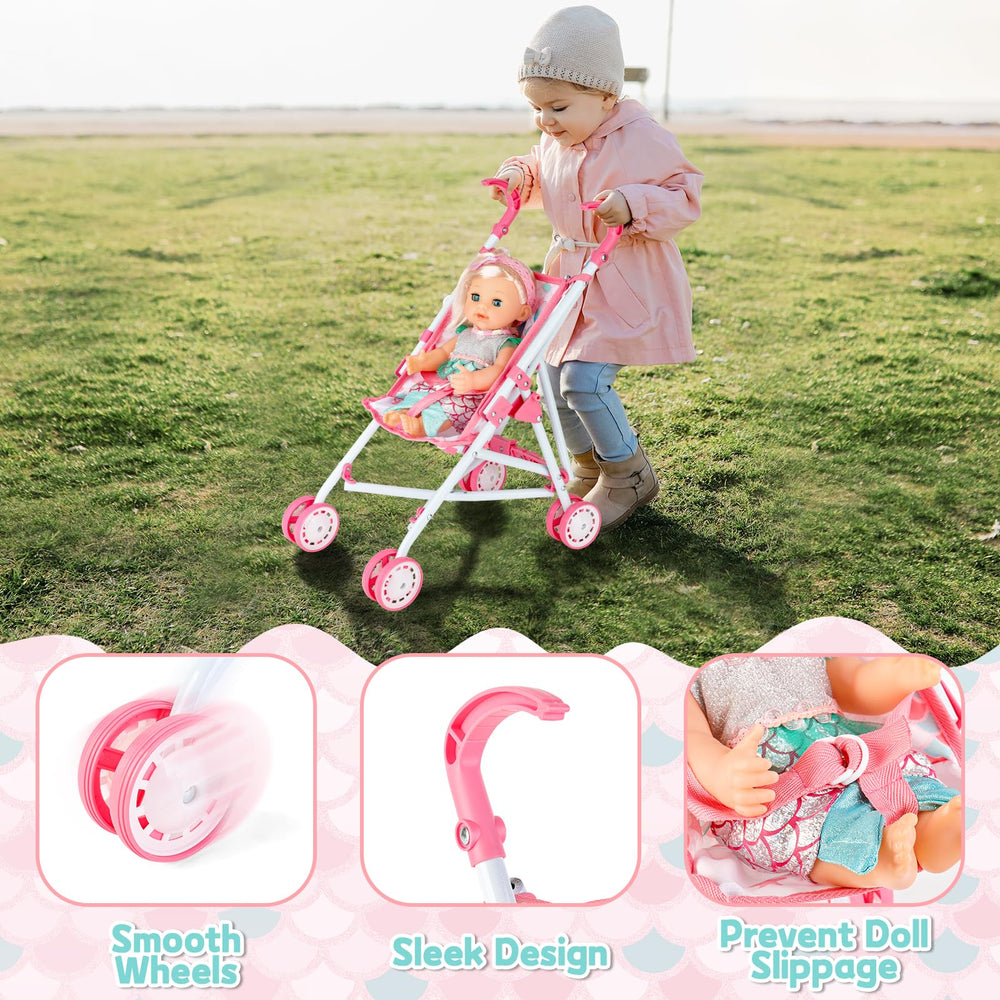 deAO foldable stroller sunshade; shade and comfort during pretend outings.