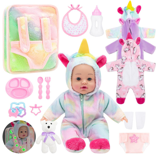 deAO glow-in-dark backpack carrier enhances nighttime pretend play with a secure doll seat.