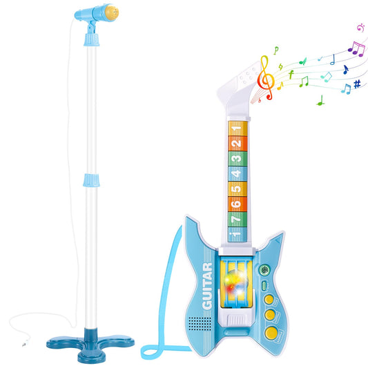 deAO Kids Guitar and Microphone Set blue full view enables imaginative musical play