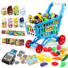 deAO Kids Shopping Cart blue front view promotes imaginative grocery play