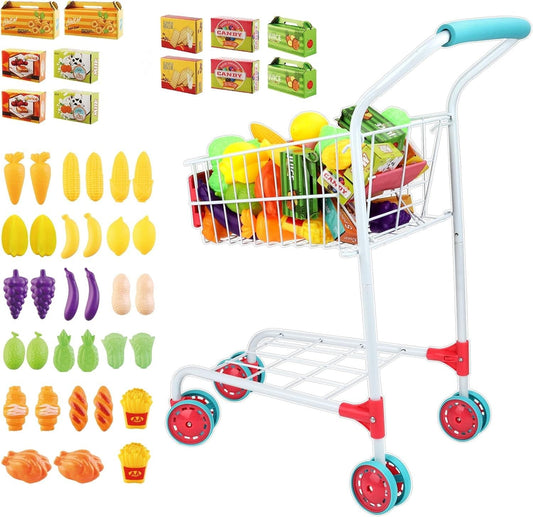 deAO Kids shopping cart with a sturdy metal frame and pivoting front wheels for easy maneuverability.