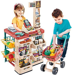 deAO Kids Supermarket shopping cart enhances imaginative play and coordination.