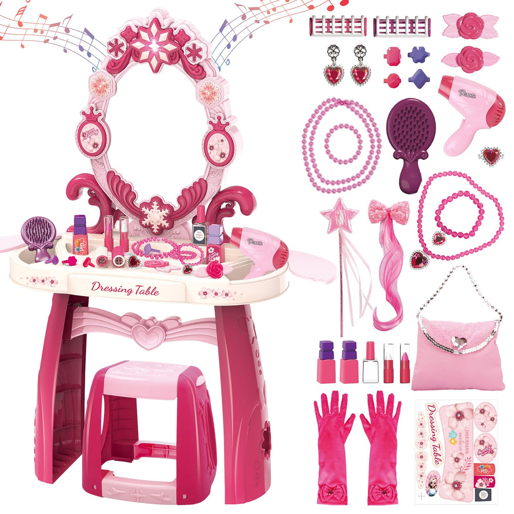 deAO Kids Vanity Table with Mirror and Lights for imaginative pretend play and grooming skills