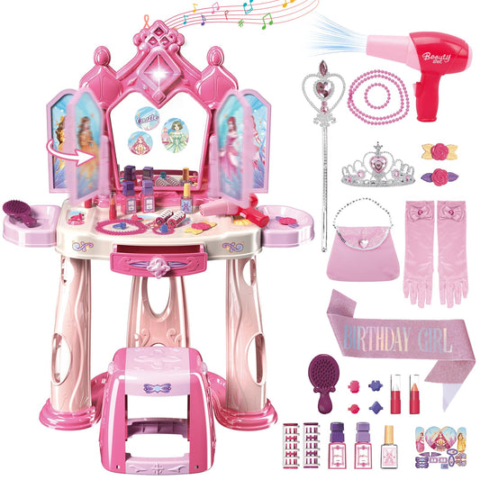 deAO Kids Vanity Table with Magic Mirror opens with lights and sound for imaginative play