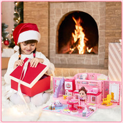 deAO portable pink dollhouse, compact for travel storage and home play.