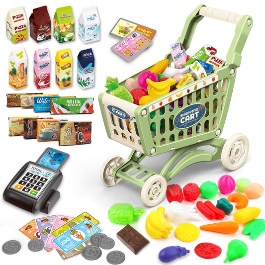 deAO shopping cart green side view for imaginative grocery role-play.