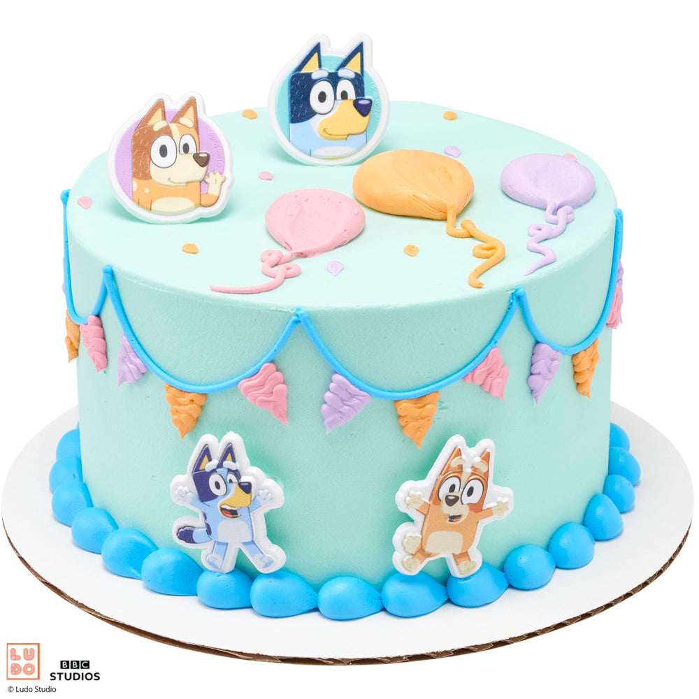 Rings help create a cohesive Bluey-themed dessert table at parties