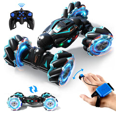 Deejoy gesture-sensing RC stunt car front view with dramatic lights and action.