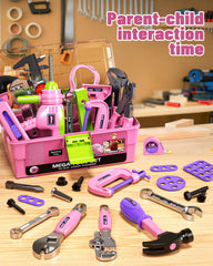 Deejoy pink drill bits and tools close-up, showcasing four interchangeable bits for versatile pretend tasks.
