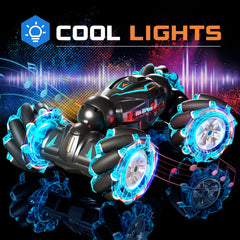 Deejoy RC stunt car performing 360 flips with lights and music effects.