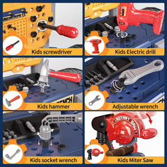 Deejoy toy workbench with clothes and tools in blue for imaginative tasks.