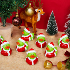 Deekin green rubber duck on car dash for playful holiday vibe.