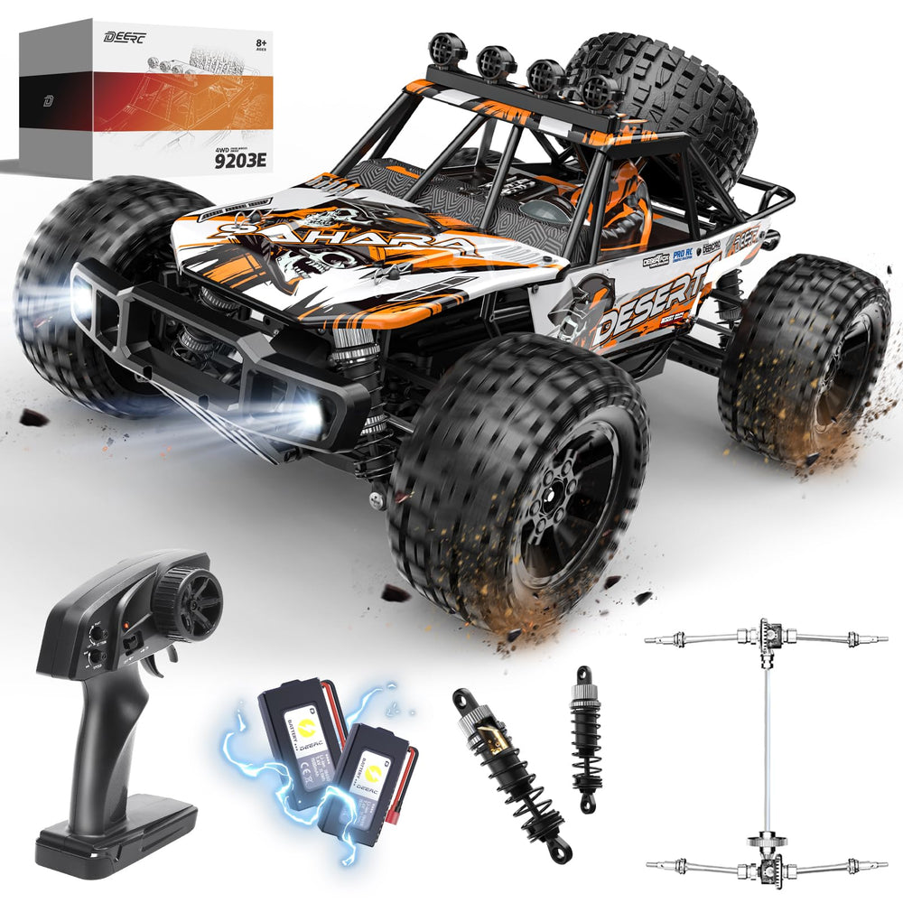 DEERC 1:10 RC Monster Truck front view showing high-speed off-road action