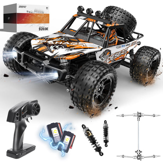 DEERC 1:10 RC Monster Truck front view showing high-speed off-road action