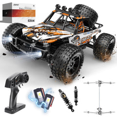 DEERC 1:10 RC Monster Truck front view showing high-speed off-road action