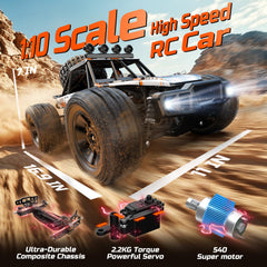 DEERC 1:10 RC Monster Truck in action with illuminated lights