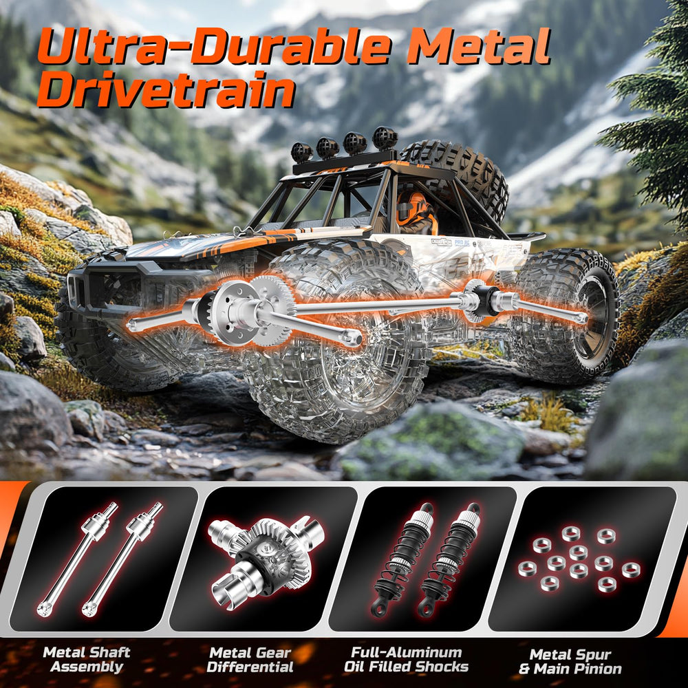 DEERC 1:10 RC Monster Truck side profile with rugged chassis