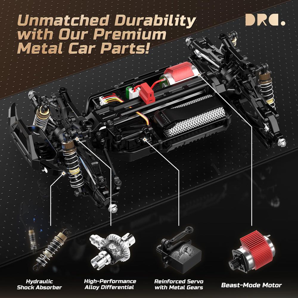 DEERC 1:14 crawler chassis detail with premium metal components