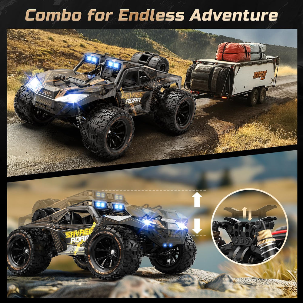DEERC 1:14 crawler LED headlights illuminate night driving