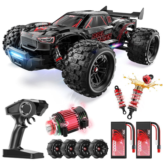 DEERC 1/14 fast brushless motor on rugged terrain for thrilling acceleration