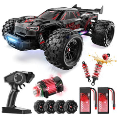 DEERC 1/14 fast brushless motor on rugged terrain for thrilling acceleration
