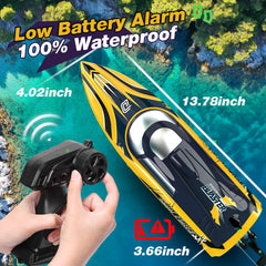 DEERC 14 RC boat uses 2-4GHz remote for smooth multi-boat racing.