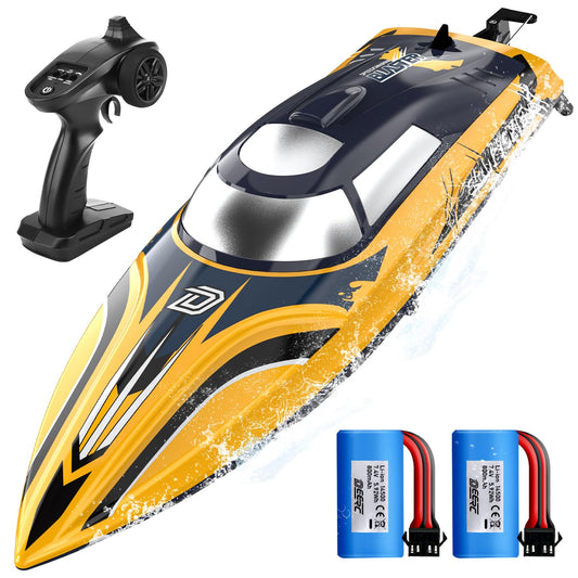 DEERC 14 RC boat front view with LED lights for nighttime racing.