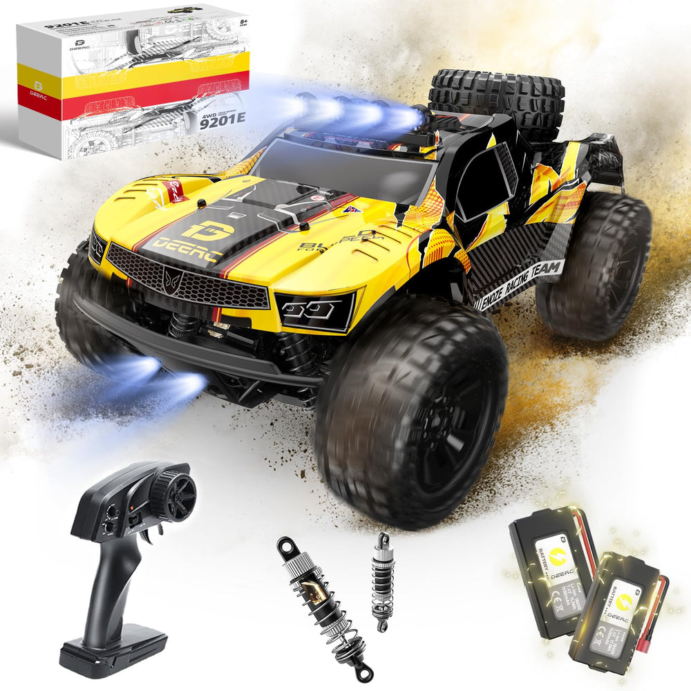 DEERC 9201E front view highlights rugged off-road chassis for tough terrain.