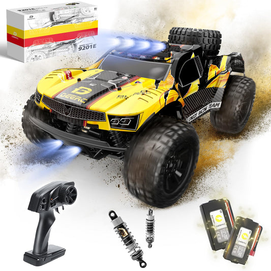 DEERC 9201E front view highlights rugged off-road chassis for tough terrain.