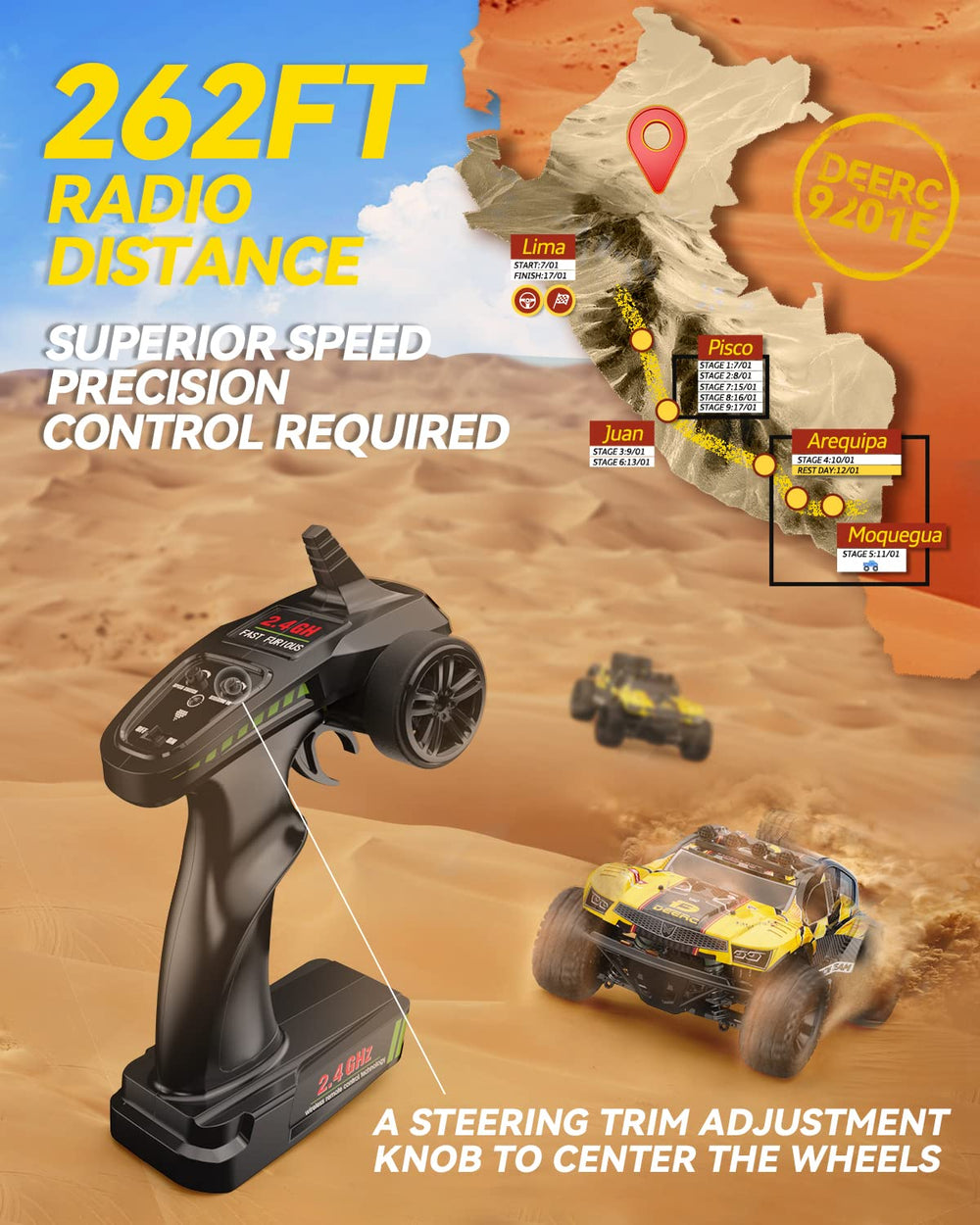 DEERC 9201E suspension and tires handle uneven terrain with stability.