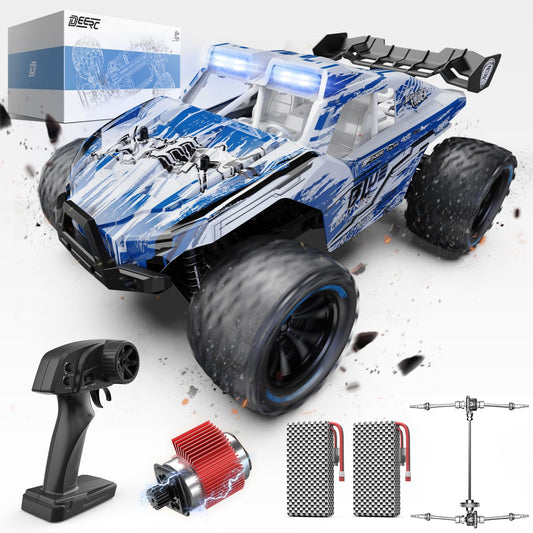 DEERC All Terrain RC Car front view showing rugged chassis for off-road adventures.