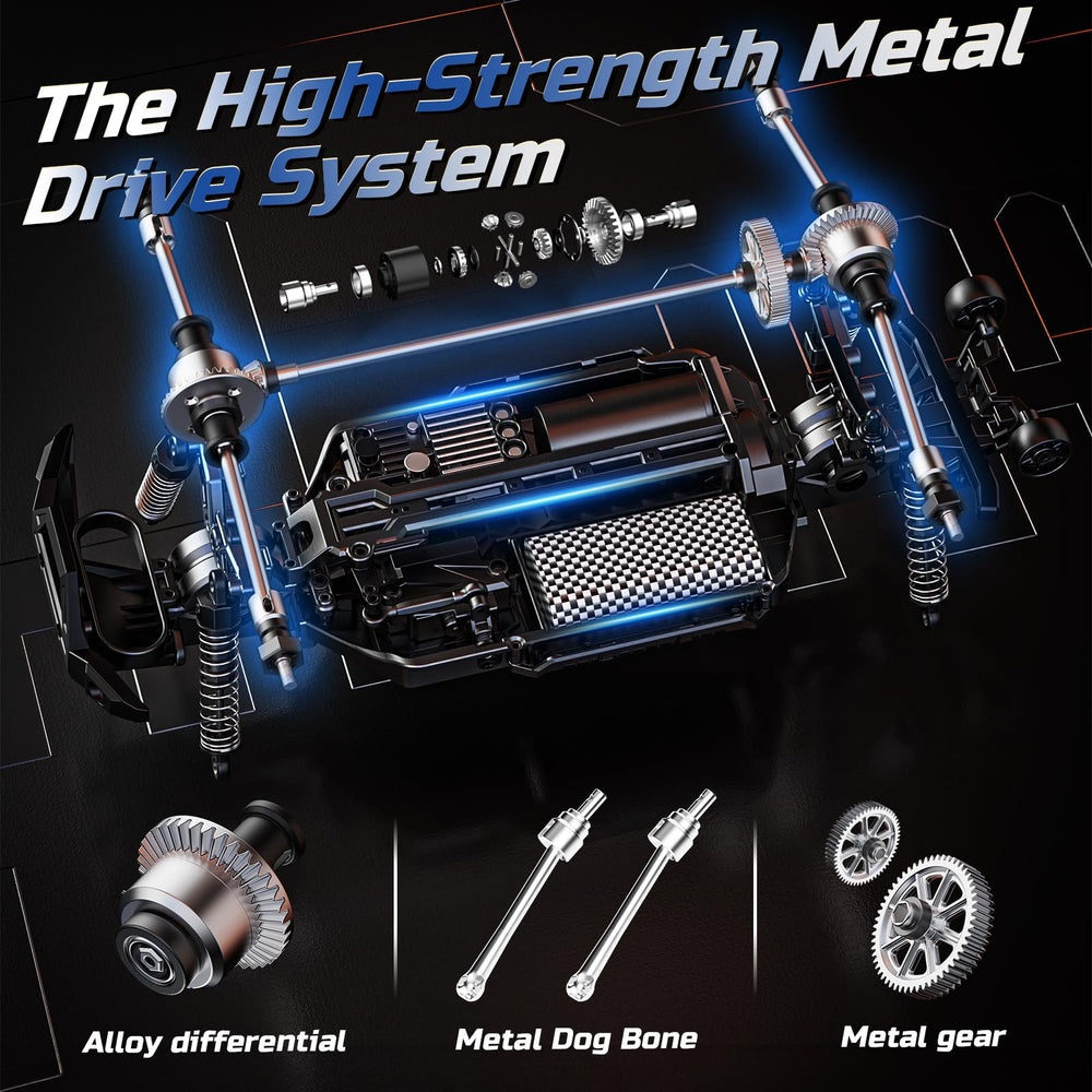 DEERC All Terrain RC Car LED headlights illuminate night rides for extended play.