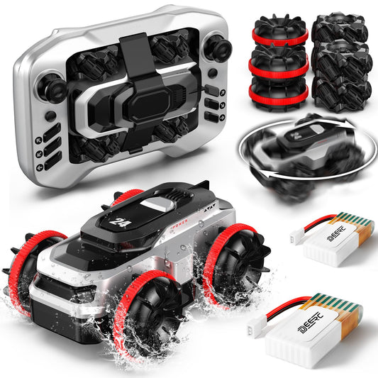 DEERC amphibious RC car land and water convert for versatile outdoor play.